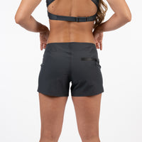 Person wearing black athletic shorts on a white background