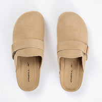 Pair of tan sandals with 'O'Neill' branding on a white background