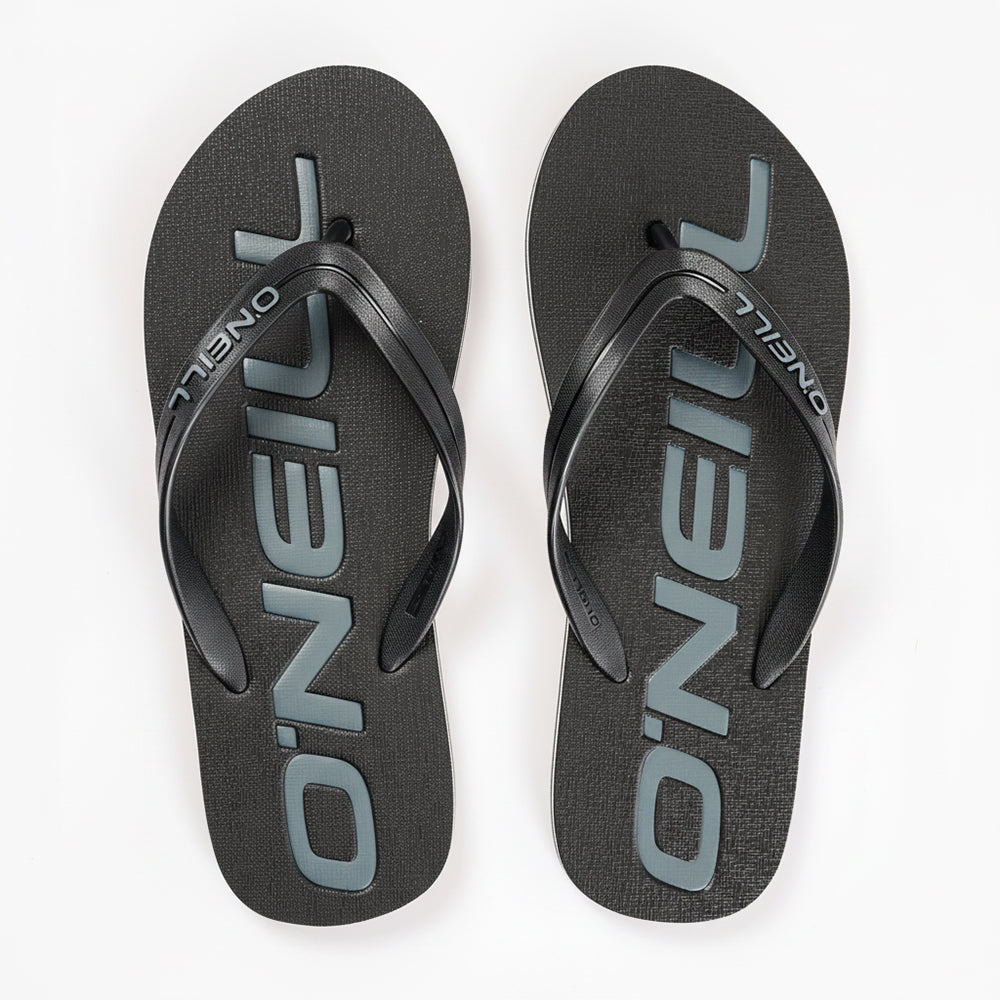 Black and gray flip-flops with 'O'Neill' branding on a white background