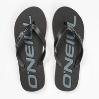 Black and gray flip-flops with 'O'Neill' branding on a white background