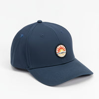 Blue baseball cap with a logo on a white background