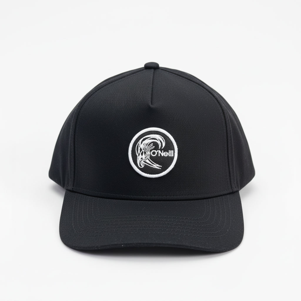 Black cap with a white logo on a light gray background