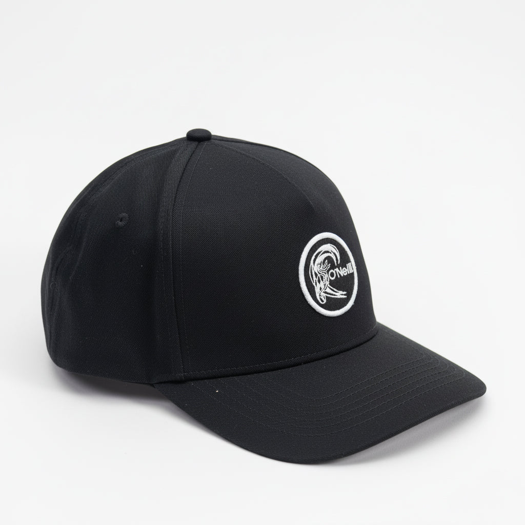Black cap with a white logo on a light gray background