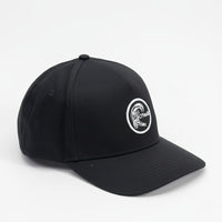 Black cap with a white logo on a light gray background