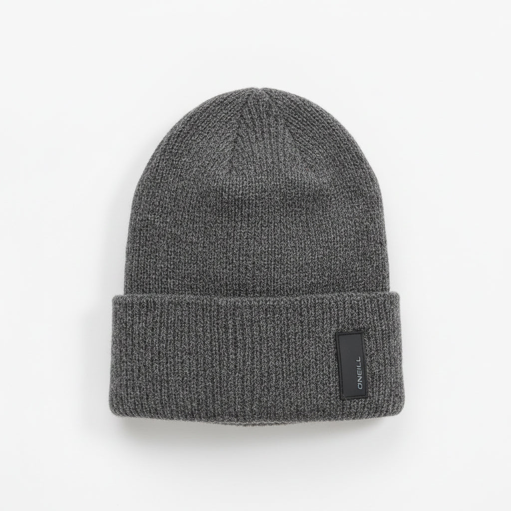 Gray knit beanie with a brand label on a white background