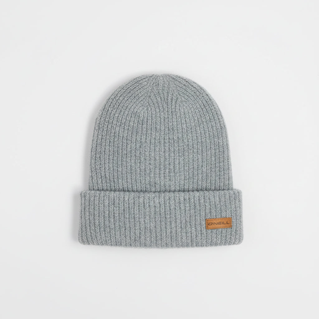 Gray knit beanie with a brand label on a light gray background