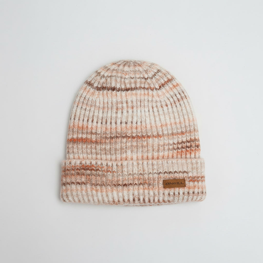 Knitted beanie with a brand label on a light gray background